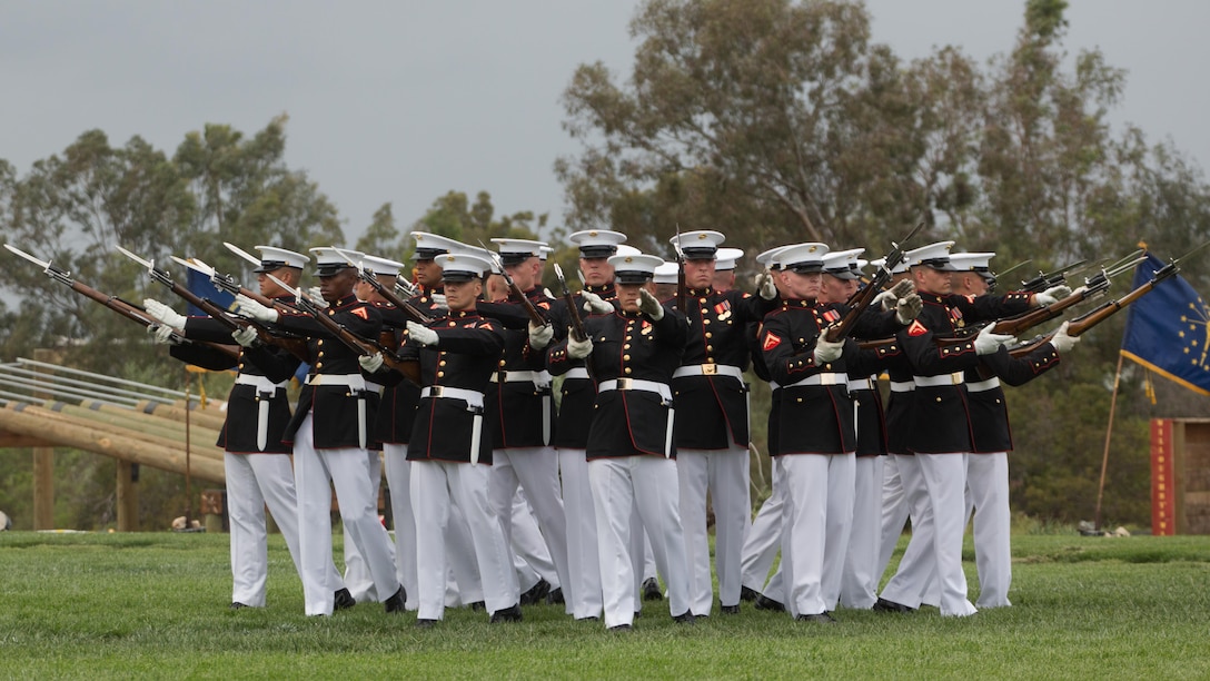 Marines with the Silent Drill Platoon perform at Marine Corps Air Station Miramar, California, March 11. Their performance was part of the Battle Color Ceremony aboard the air station. 