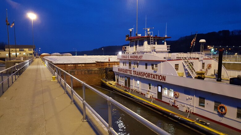 The Motor Vessel Ronald Wagonblast locked through Lock and Dam 2, near Hastings, Minn., Sunday, March 13, around 7:30 a.m. She was pushing 12 barges en route to St. Paul, Minn. The Corps considers the first tow to arrive at Lock and Dam 2, near Hastings, Minn., as the unofficial start of the navigation season, because it means all of its locks are accessible to commercial and recreational vessels. The earliest date for an up-bound tow to reach Lock and Dam 2 was March 4, in 1983, 1984 and 2000. The average start date of the navigation season is March 22.
