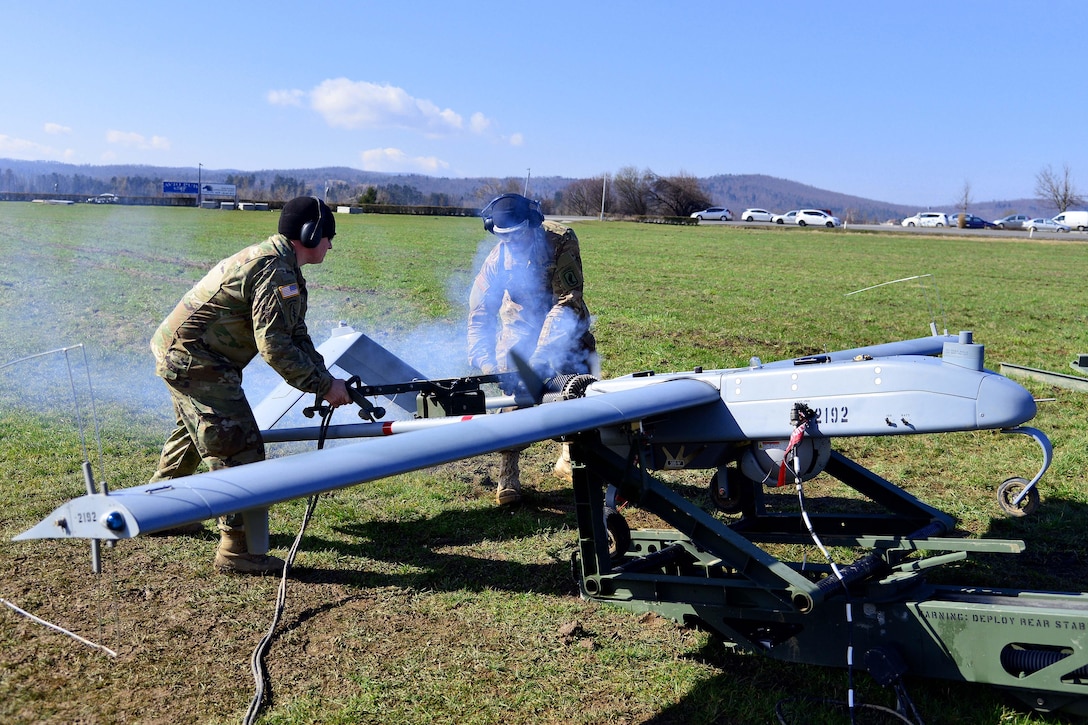 U.S. Army paratroopers start the engine of an RQ7B Shadow unmanned aircraft system during Exercise Rock Sokol at Aeroclub Postonja in Slovenia, March 2, 2016. Army photo by Paolo Bovo