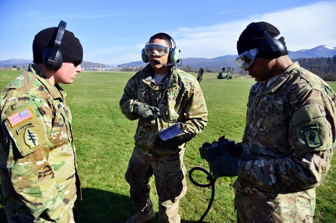 U.S. Army paratroopers hold the launch control device for an RQ7B Shadow unmanned aircraft system during Exercise Rock Sokol at Aeroclub Postonja in Slovenia, March 2, 2016. Army photo by Paolo Bovo