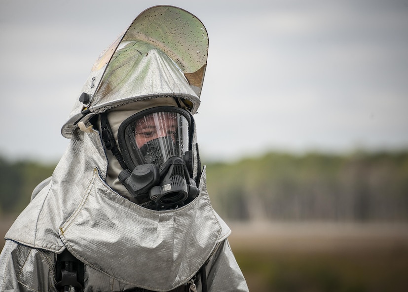 Tech. Sgt. Jeff Furman, 919th Special Operations Civil Engineer Squadron, takes a breather after a live-fire training exercise March 4 at Hurlburt Field, Fla.  The Reserve Airmen teamed with their active-duty special operations firefighters to complete their annual live-fire training during the March unit training assembly.  (U.S. Air Force photo/Tech. Sgt. Sam King)