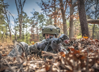 Spc. Daniel Montenegro, a quartermaster and chemical equipment repairer with the 957th Quartermaster Company in Denton, Texas, conducts security operations in response to a perceived enemy threat during Combat Support Training Exercise 78-16-01 at Joint Base McGuire-Dix-Lakehurst, N.J., March 8, 2016. CSTX 78-16-01 is a U.S. Army Reserve exercise conducted at multiple locations across the country designed to challenge combat support units and Soldiers to improve and sustain skills necessary during a deployment. (U.S. Army photo by Spc. Gregory Lydick/Released)