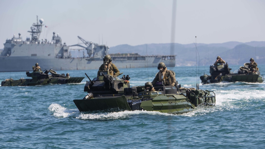 U.S. Marines with Alpha Company, Battalion Landing Team, 1st Battalion, 5th Marine Regiment, 31st Marine Expeditionary Unit, conduct a combined amphibious assault on Dogu Beach, South Korea, in AAV-P7/A1 Amphibious Assault Vehicles as part of Ssang Yong 16, March 12, 2016.  Ssang Yong is a biennial combined amphibious exercise conducted by U.S. forces with the Republic of Korea Navy and Marine Corps, Australian Army and Royal New Zealand Army Forces in order to strengthen interoperability and working relationships across a wide range of military operations. The Marines and Sailors of the 31st MEU are in Korea as part of their spring deployment to the Asia-Pacific region.
