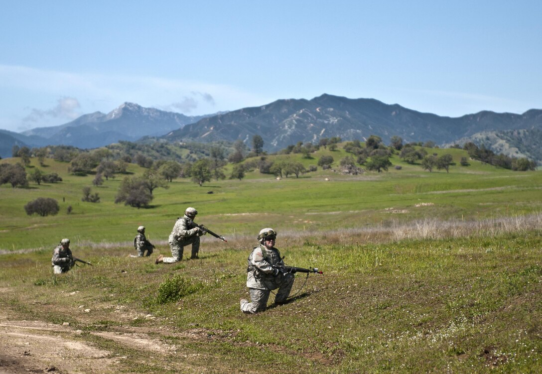 U.S. Army Reserve Soldiers protect an Entry Control Point from Opposing Forces during Combat Support Training Exercise 78-16-01 at Fort Hunter Liggett, Calif., March 8, 2016. CSTX 78-16-01 is a U.S. Army Reserve exercise conducted at multiple locations across the country designed to challenge combat support units and Soldiers to improve and sustain skills necessary during a deployment. (U.S. Army photo by Staff Sgt. Dalton Smith/Released)