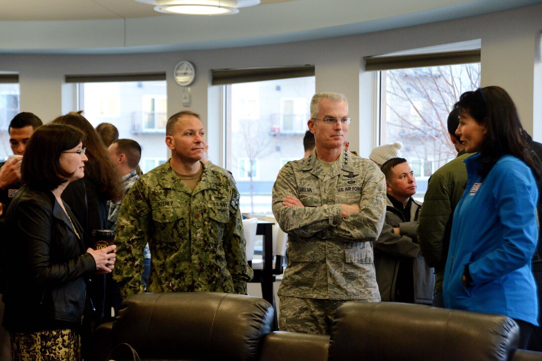 Air Force Gen. Paul J. Selva, vice chairman of the Joint Chiefs of Staff, visits Joint Base Elmendorf-Richardson, Alaska, March 12, 2016, during the first stop of the 2016 USO spring entertainment tour. Selva is leading the tour, which features Betty Cantrell, the 2016 Miss America; country music artist and Army veteran Craig Morgan; pro football player Charles Tillman; and UFC fighters Anthony Pettis and Donald Cerrone. Air Force photo by Airman 1st Class Christopher R. Morales