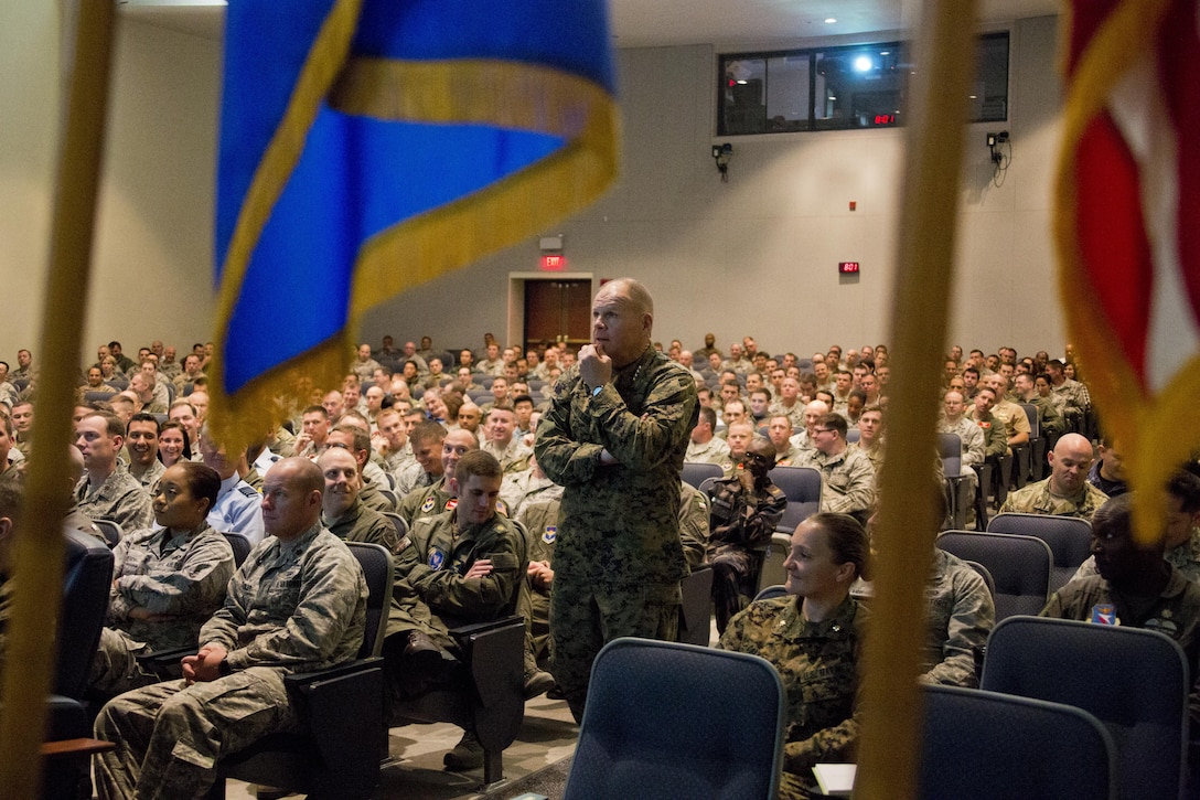 Commandant of the Marine Corps Gen. Robert B. Neller speaks to Air Command and Staff College students at Maxwell Air Force Base, Montgomery, Ala., March 8, 2016. Neller spoke about the Corps current status, priorities and expectations of all senior leadership. (U.S. Marine Corps photo by Staff Sgt. Gabriela Garcia/Released)