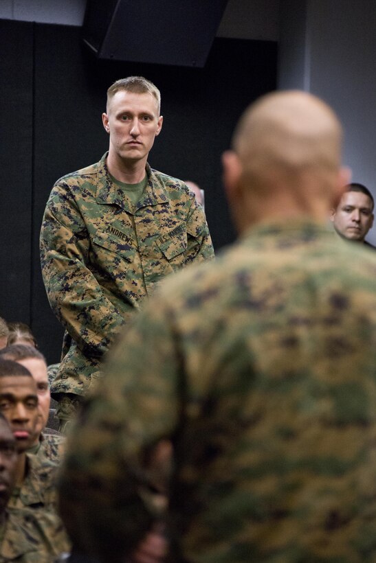 Commandant of the Marine Corps Gen. Robert B. Neller listens to a Marine's question at Marine Depot Maintenance Command, Albany, Ga., March 9, 2016. Neller briefed Marines, Sailors, and civilians on the current status of the Corps, his expectations, and priorities, and the imortance of protecting what each Marine has earned. (U.S. Marine Corps photo by Staff Sgt. Gabriela Garcia/Released)