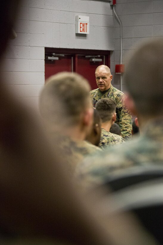 Commandant of the Marine Corps Gen. Robert B. Neller speaks to Marines, with Marine Corps Logistics Command, at Marine Depot Maintenance Command, Albany, Ga., March 9, 2016. Neller briefed Marines, Sailors, and civilians on the current status of the Corps, his expectations, and priorities, and the imortance of protecting what each Marine has earned. (U.S. Marine Corps photo by Staff Sgt. Gabriela Garcia/Released)