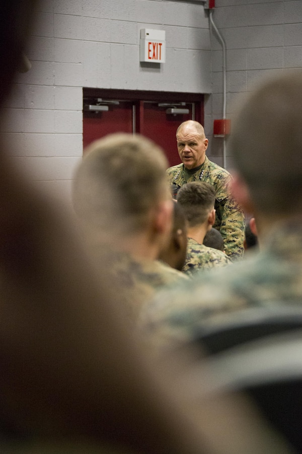 Commandant of the Marine Corps Gen. Robert B. Neller speaks to Marines, with Marine Corps Logistics Command, at Marine Depot Maintenance Command, Albany, Ga., March 9, 2016. Neller briefed Marines, Sailors, and civilians on the current status of the Corps, his expectations, and priorities, and the imortance of protecting what each Marine has earned. (U.S. Marine Corps photo by Staff Sgt. Gabriela Garcia/Released)