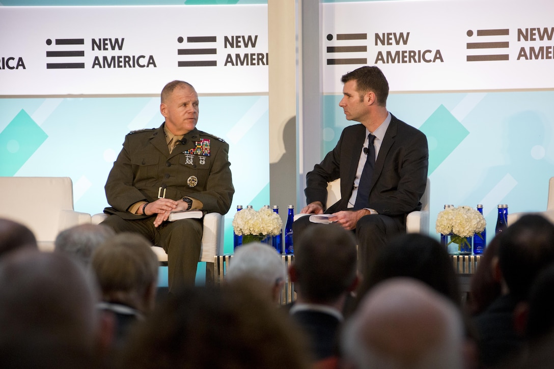 Commandant of the Marine Corps Gen. Robert B. Neller, left, answers a question from Peter W. Singer, strategist for the New America Foundation, during the Future of War conference at Washington, D.C., March 10, 2016. Neller discussed challenges Marines will likely face in the future and answered questions from the audience. (U.S. Marine Corps photo by Staff Sgt. Gabriela Garcia/Released)