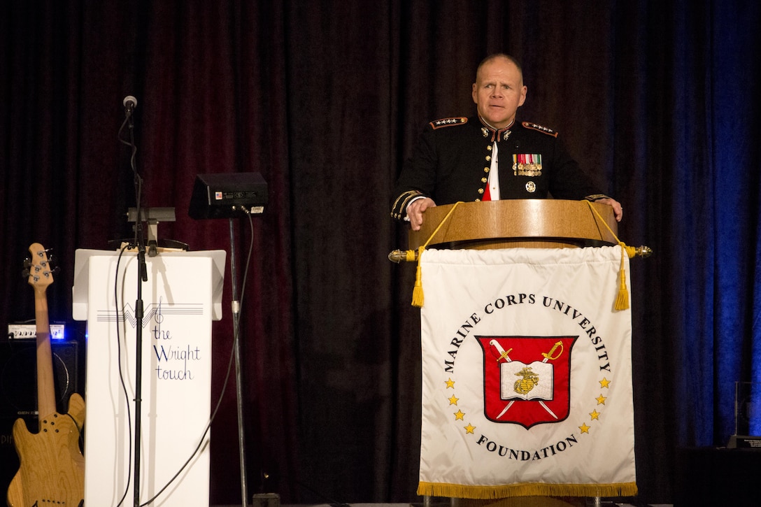 Commandant of the Marine Corps Gen. Robert B. Neller speaks as the military guest of honor at the Semper Fidelis Award ceremony at Washington, D.C., March 12, 2016. The Marine Corps University Foundation presented the Semper Fidelis award to retired Marine Gen. John F. Kelly and his wife, Karen. (U.S. Marine Corps photo by Staff Sgt. Gabriela Garcia/Released)