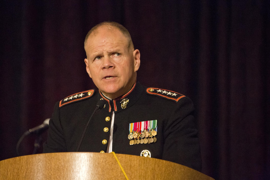 Commandant of the Marine Corps Gen. Robert B. Neller speaks as the military guest of honor at the Semper Fidelis Award ceremony at Washington, D.C., March 12, 2016. The Marine Corps University Foundation presented the Semper Fidelis award to retired Marine Gen. John F. Kelly and his wife, Karen. (U.S. Marine Corps photo by Staff Sgt. Gabriela Garcia/Released)