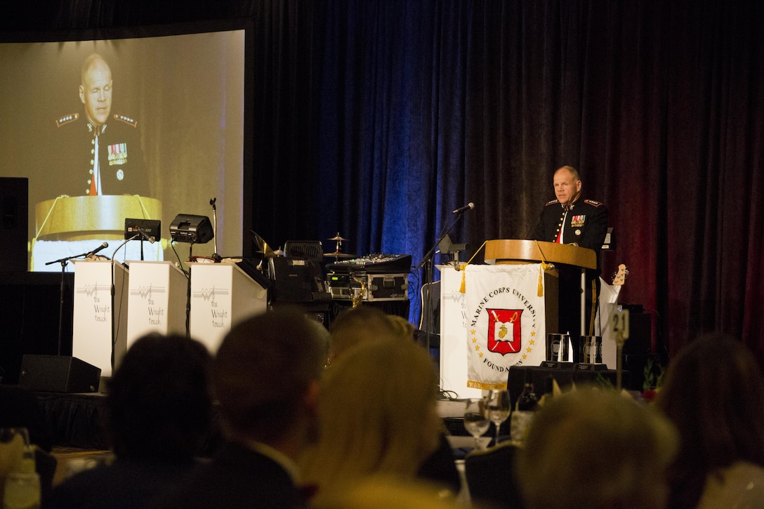 Commandant of the Marine Corps Gen. Robert B. Neller speaks as the military guest of honor at the Semper Fidelis Award ceremony at Washington, D.C., March 12, 2016. The Marine Corps University Foundation presented the Semper Fidelis award to retired Marine Gen. John F. Kelly and his wife, Karen. (U.S. Marine Corps photo by Staff Sgt. Gabriela Garcia/Released)