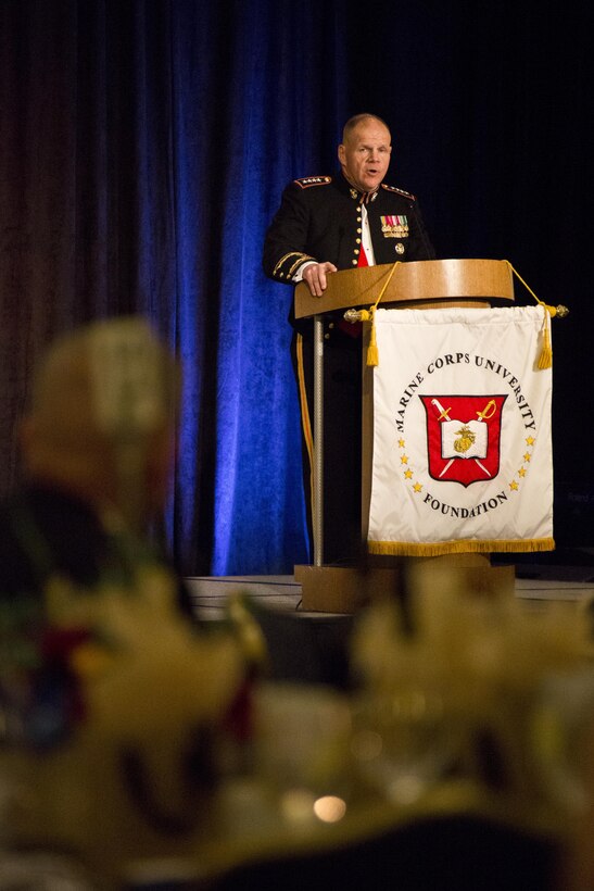 Commandant of the Marine Corps Gen. Robert B. Neller speaks as the military guest of honor at the Semper Fidelis Award ceremony at Washington, D.C., March 12, 2016. The Marine Corps University Foundation presented the Semper Fidelis award to retired Marine Gen. John F. Kelly and his wife, Karen. (U.S. Marine Corps photo by Staff Sgt. Gabriela Garcia/Released)