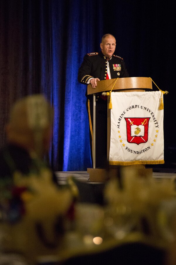 Commandant of the Marine Corps Gen. Robert B. Neller speaks as the military guest of honor at the Semper Fidelis Award ceremony at Washington, D.C., March 12, 2016. The Marine Corps University Foundation presented the Semper Fidelis award to retired Marine Gen. John F. Kelly and his wife, Karen. (U.S. Marine Corps photo by Staff Sgt. Gabriela Garcia/Released)