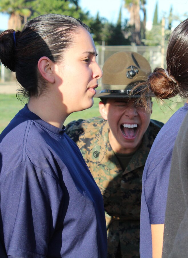 Drill Instructor Staff Sgt. Karin Guajardo commands poolees from Recruiting Station Los Angeles to get into a proper formation during a female pool function at the Sherman Oaks Recreation Park in Van Nuys, Calif., March 12, 2016. (U.S. Marine Corps photo by Staff Sgt. Alicia R. Leaders/Released)