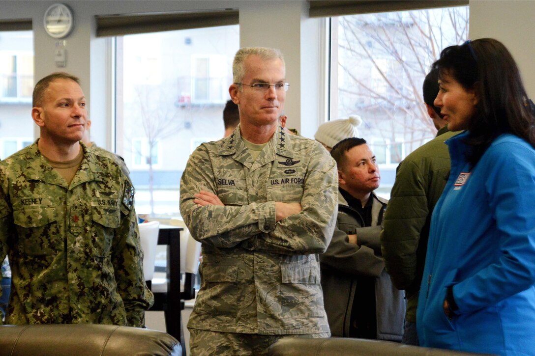 Air Force Gen. Paul J. Selva, vice chairman of the Joint Chiefs of Staff, visits Joint Base Elmendorf-Richardson, Alaska, March 12, 2016, during his first stop on the USO spring entertainment tour. Selva is leading the event, which features Betty Cantrell, the 2016 Miss America; country music artist and Army veteran Craig Morgan; pro football player Charles Tillman; and UFC fighters Anthony Pettis and Donald Cerrone. Air Force photo by Airman 1st Class Christopher R. Morales
