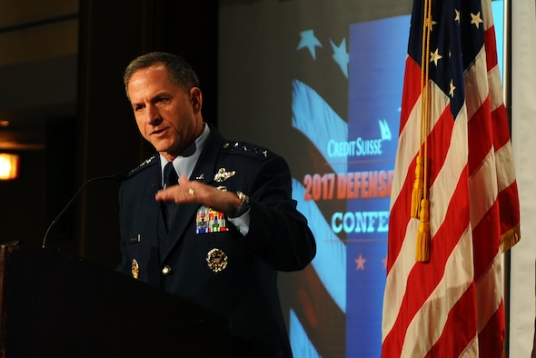Air Force Vice Chief of Staff Gen. David L. Goldfein presents what he believes is the Air Force story of today, which is equal parts “challenge and opportunity” to a crowd of defense industry watchers March 10, 2016, at the Crowne Plaza Hamilton in Washington, D.C. Most of America still remembers the Air Force of Desert Storm, Goldfein said. At the time, there were 134 fighter squadrons across the Air Force but now there are only 55 fighter squadrons. (U.S. Air Force photo/Tech. Sgt. Bryan Franks)