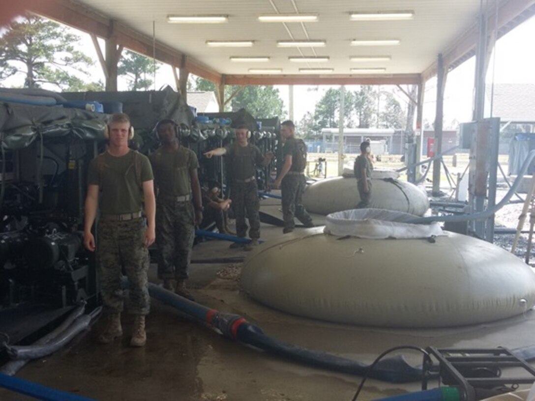 Marines attending Basic Water Support Technician course 3-16 (BWST 3-16) at Marine Corps Engineer School, Camp Lejeune, N.C. conduct a practical application on operating a Tactical Water Purification System (TWPS). Marines in this course spend two and a half weeks learning about TWPS through informal lecture, practical application, and repair classes. 
