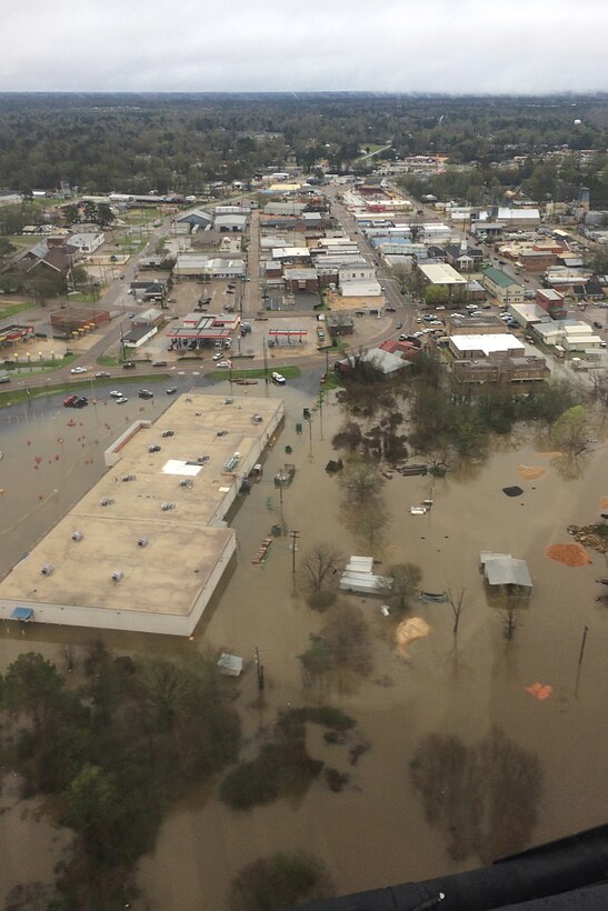 Rooftops are visible over floodwaters in Franklinton, La., March 11, 2016. National Guard photo by Sgt. Cody Westmoreland
