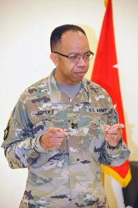 Maj. Gen. A.C. Roper, commanding general of the U.S. Army reserve's 80th Training Command, addresses competitors at the awards ceremony on the final day of the Best Warrior Competition at Camp Bullis, Texas.