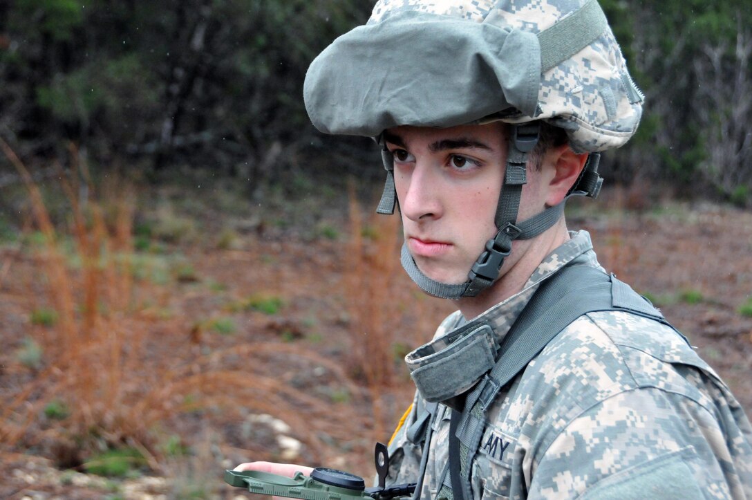 Spc. Connor Walraven, assigned to the U.S. Army Reserve​'s 319th Army Band​ at Fort Totten, New York, competes on the land navigation course during the 99th Regional Support Command three-day Best Warrior Competition at Camp Bullis, Texas. Winners will go on to compete in the U.S. Army Reserve Command Best Warrior Competition.
