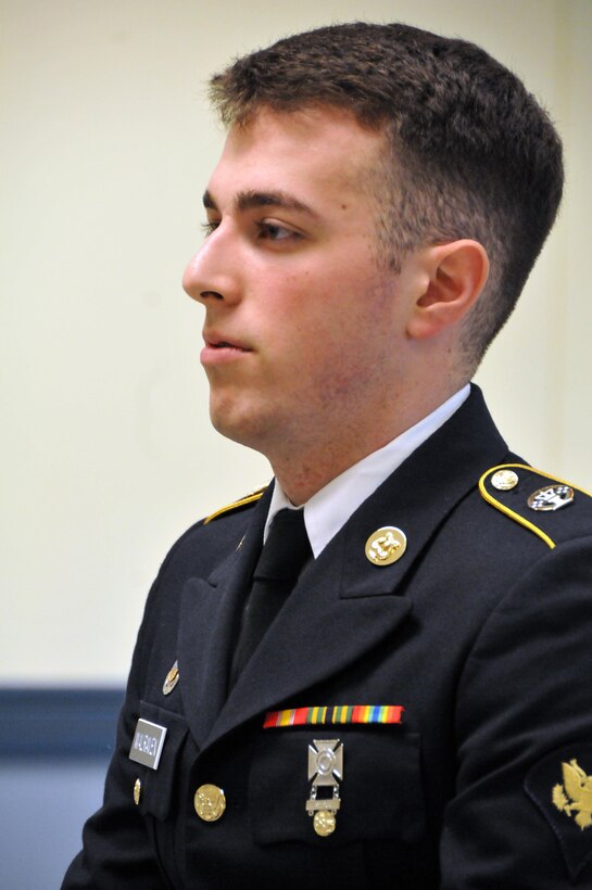 Spc. Connor Walraven, assigned to the U.S. Army Reserve's Army Band at Fort Totten, N.Y., answers questions during the Sergeant Major board as part of the 99th Regional Support Command three-day Best Warrior Competition at Camp Bullis, Texas. Winners will go on to compete in the U.S. Army Reserve Command Best Warrior Competition.