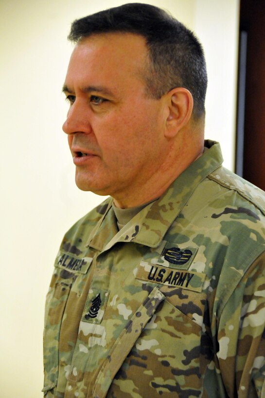 Command Sgt. Maj. Arlindo Almeida, the 99th Regional Support Command's command sergeant major, speaks with competitors prior to their board appearance during the three-day Best Warrior Competition at Camp Bullis, Texas. Winners will go on to compete in the U.S. Army Reserve Command Best Warrior Competition.