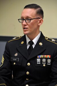 Staff Sgt. Joseph Young, assigned to the U.S. Army Reserve's 319th Army Band at Fort Totten, New York, answers questions during the Sergeant Major board as part of the 99th Regional Support Command three-day Best Warrior Competition at Camp Bullis, Texas. Winners will go on to compete in the U.S. Army Reserve Command Best Warrior Competition.