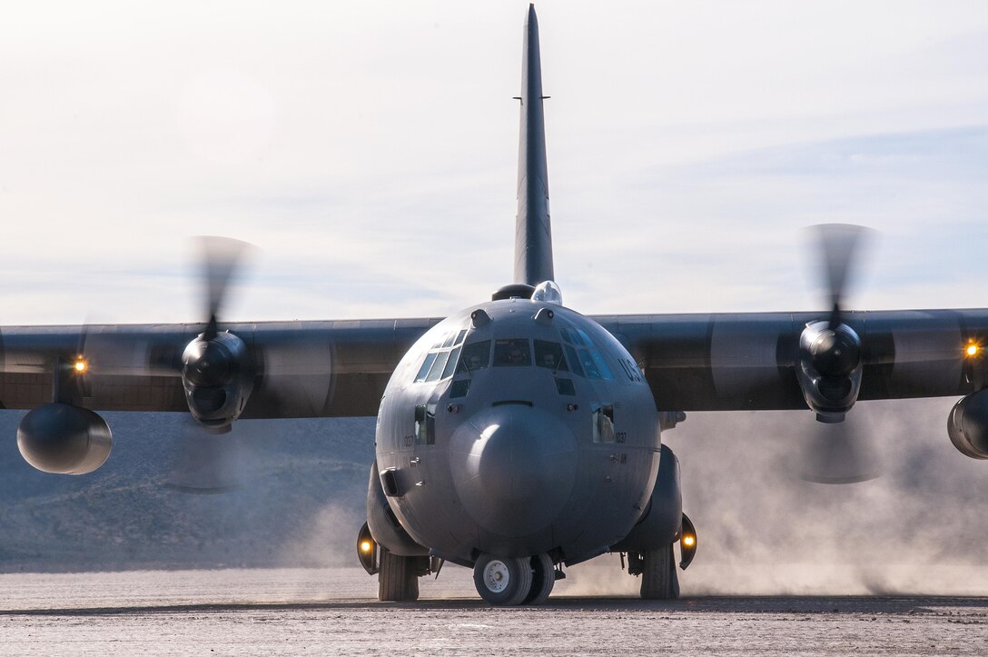 A U.S. Air Force C-130 Hercules from the 700th Airlift Squadron prepares for take off from a dry lake bed near Nellis Air Force Base, Nev. during Red Flag 16-2 March 5, 2016. The 700th AS is stationed out of Dobbins Air Reserve Base, Ga. Flying units from around the globe deploy to Nellis Air Force Base, Nev. to participate in Red Flag. (U.S. Air Force photo/Staff Sgt. Daniel Phelps)
