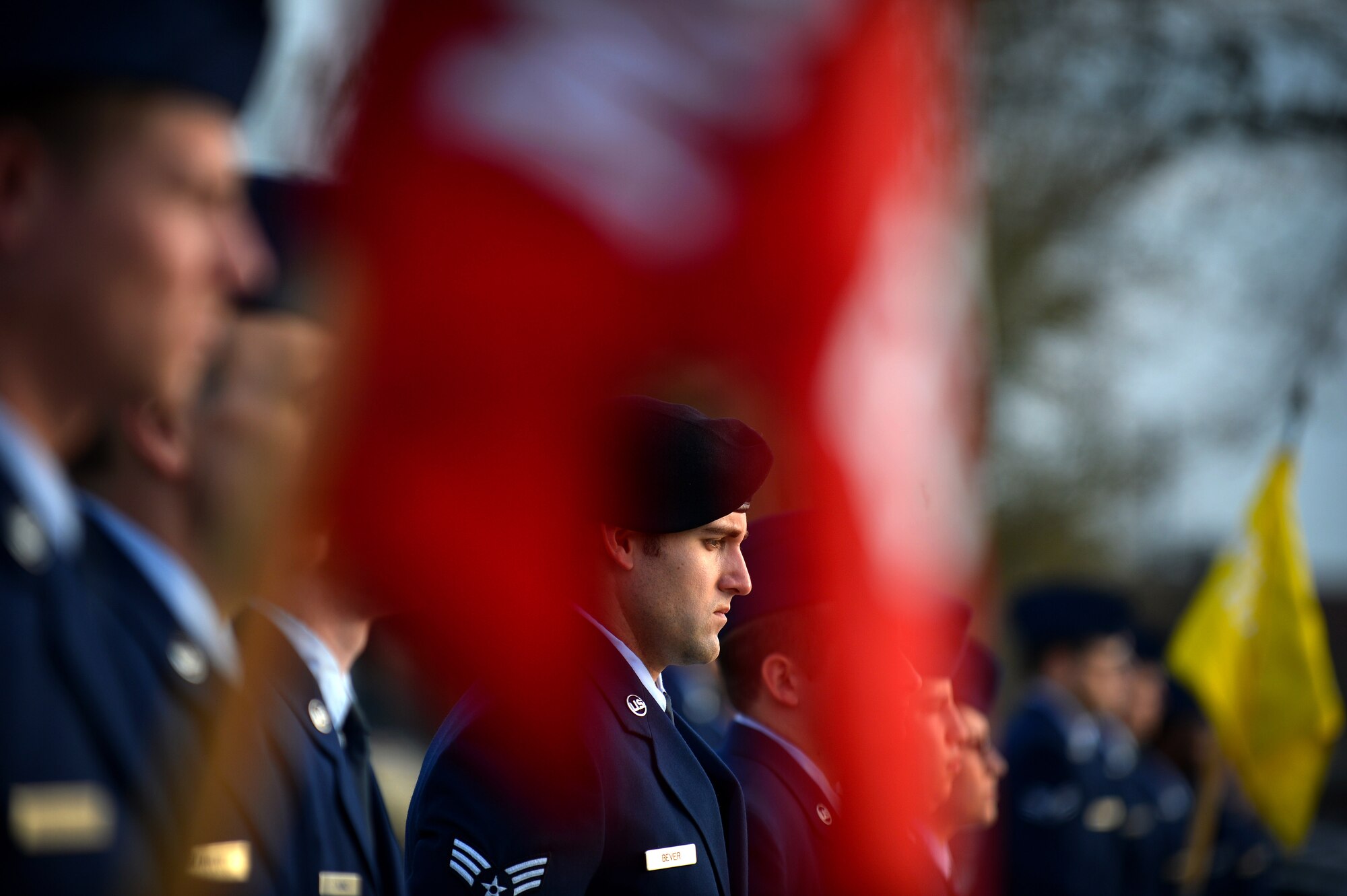 A U.S. Airman assigned to the Senior Master Sgt. David B. Reid Airman Leadership School Class 16-03 stands at parade rest after a uniform inspection at Shaw Air Force Base, S.C., March 10, 2016. Throughout ALS, uniform inspections are performed to ensure students uphold dress and appearance standards, as well as testing their military bearing. (U.S. Air Force photo by Senior Airman Michael Cossaboom)