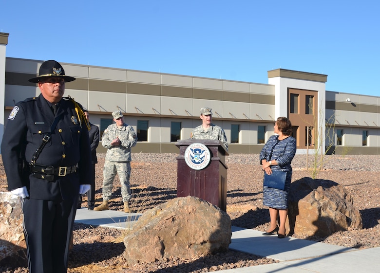 EL PASO, Texas -- ICE Director Sarah Saldaña (right) listens as Deputy District Commander Maj. Jason Melchior speaks during the ribbon-cutting ceremony officially opening the new Immigration and Customs Enforcement facility, Feb. 24, 2016. 