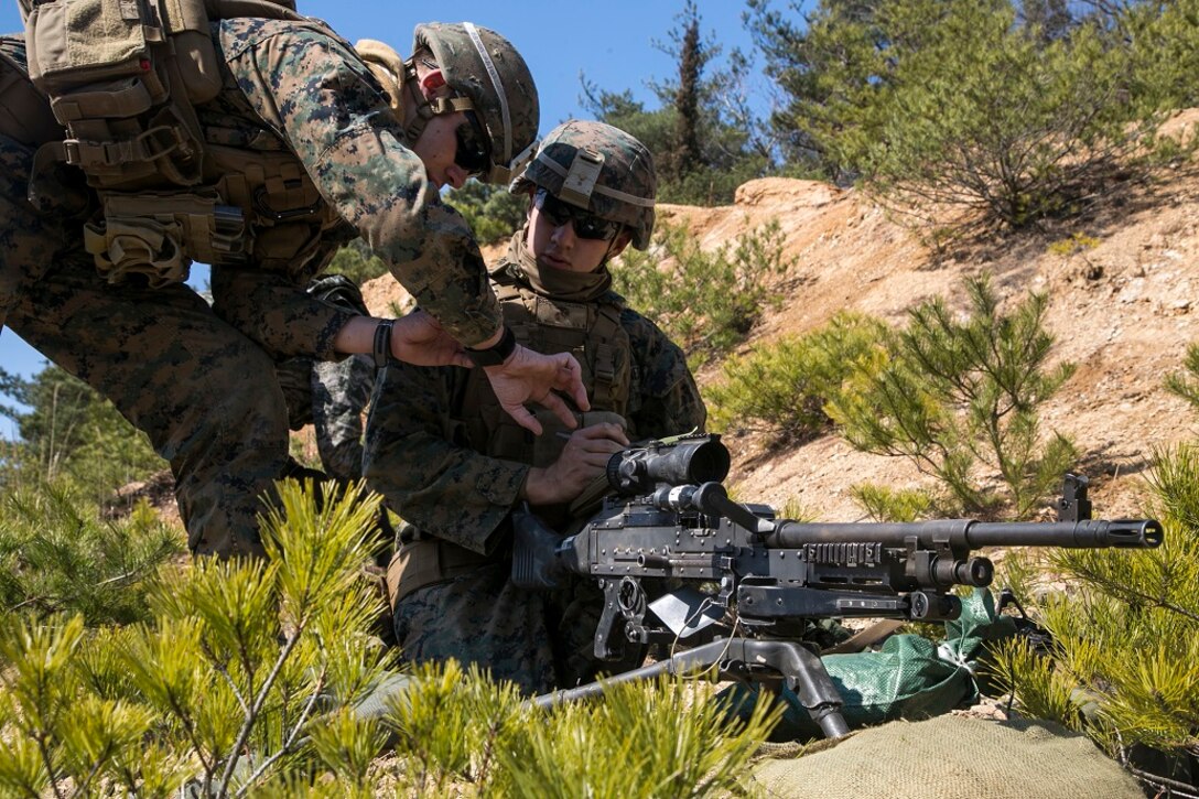 U.S. Marines with Victor Unit 1/3, plot security posistions, March 11, 2016, during Exercise Ssang Yong 2016 in Pohang, South Korea.  Ssang Yong 16 is a biennial military exercise focused on strengthening the amphibious landing capabilities of the Republic of Korea, the U.S., New Zealand and Australia. (U.S. Marine Corps photo by Sgt. Briauna Birl/UNRELEASED)