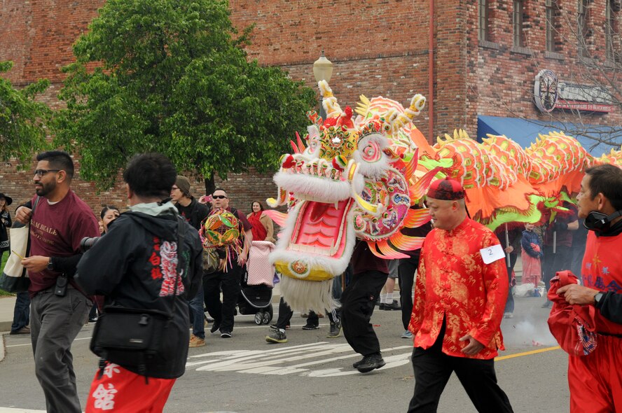 Beale Air Force Base volunteers walk The “Hong Wan Lung” Dragon in Marysville, California, Mar. 12, 2016. Traditionally, members of Beale have operated the dragon during the Bok Kai Festival.
