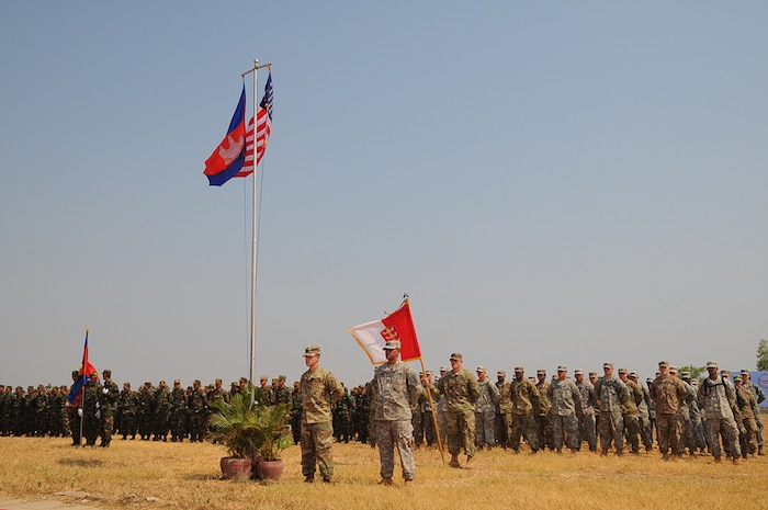 KAMPONG SPEU PROVINCE, Cambodia (March 14, 2016) - U.S. and Cambodian forces officially opened Angkor Sentinel 2016, an annual bilateral military exercise hosted by the Royal Cambodian Armed Forces and sponsored by the U.S. Army Pacific, during a ceremony at the Training School for Multinational Peacekeeping Forces.  