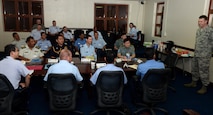 Col. Leighton Anderson, 36th Contingency Response Group commander, introduces himself during a Pacific Agility 16-1 briefing March 14, 2016, Andersen Air Force Base, Guam. PACAGILITY is a multilateral U.S. Pacific Command approved engagement focusing on a series of logistics subject-matter expert exchanges led by Pacific Air Forces and designed to increase partner capabilities, military relations and regional stability for the Indo-Asia-Pacific region. (U.S. Air Force photo by Airman 1st Class Arielle Vasquez/Released)