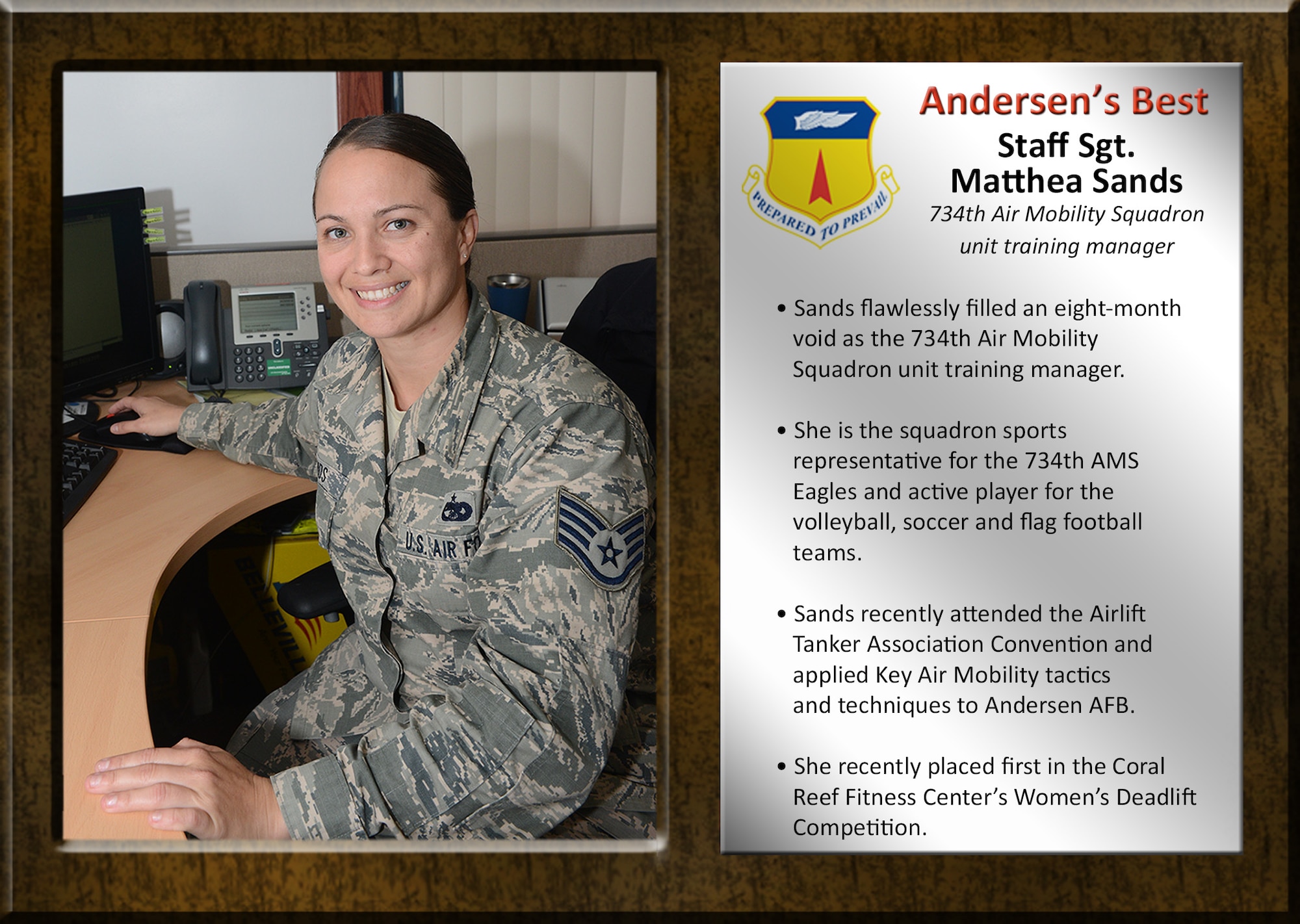 Team Andersen's Best recognizes Airmen and civilian professionals for outstanding contributions to mission and team success. As spotlight performers, individuals are chosen by base leaders for demonstrating the Air Force's core values of integrity first, service before self, and excellence in all we do. 