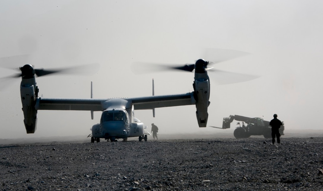 U.S. Marines with Ammunitions Co., 3rd Supply Bn., CLR-35, unload an ammo resupply from a MV-22 Osprey, March 11, 2016, during Exercise Ssang Yong 2016 in Pohang, South Korea. Ssang Yong 16 is a biennial military exercise focused on strengthening the amphibious landing capabilities of the Republic of Korea, the U.S., New Zealand and Australia. (U.S. Marine Corps photo by Sgt. Briauna Birl/RELEASED)