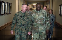 Marine Corps Gen. Joseph F. Dunford Jr., chairman of the Joint Chiefs of Staff, meets with Army Gen. Lloyd J. Austin III, commander of U.S. Central Command, at Centcom headquarters on MacDill Air Force Base, Fla., March 11, 2016. DoD photo by Navy Petty Officer 2nd Class Dominique A. Pineiro