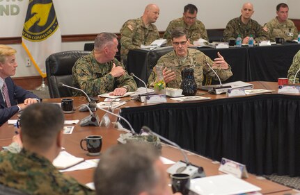 Army Gen. Joseph L. Votel, commander of U.S. Special Operations Command, leads a briefing alongside Marine Corps Gen. Joseph F. Dunford Jr., chairman of the Joint Chiefs of Staff, at Socom headquarters on MacDill Air Force Base, Fla., March 11, 2016. DoD photo by Navy Petty Officer 2nd Class Dominique A. Pineiro