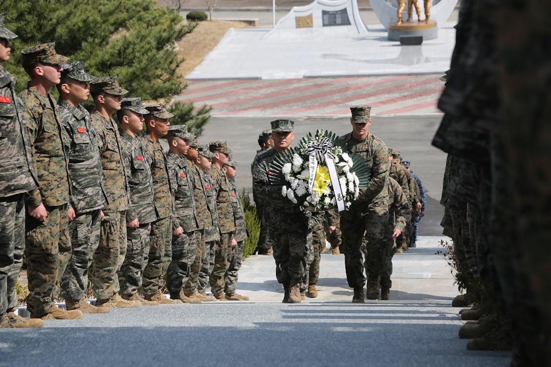 U.S. Marines and sailors with the 13th Marine Expeditionary Unit and Boxer Amphibious Ready Group joined Republic of Korea Marines in a ceremony in Pohang, Korea on March 10, 2016, commemorating U.S. and ROK Marines who gave the ultimate sacrifice during Exercise Team Spirit in the 1980s. The U.S. and ROK Marines participated in the ceremony as they prepare for Exercise Ssang Yong, a biennial combined amphibious exercise conducted by forward-deployed U.S. forces with the Republic of Korea Navy and Marine Corps, Australian Army and Royal New Zealand Army Forces in order to strengthen our interoperability and working relationships across a wide range of military operations - from disaster relief to complex expeditionary operations. 