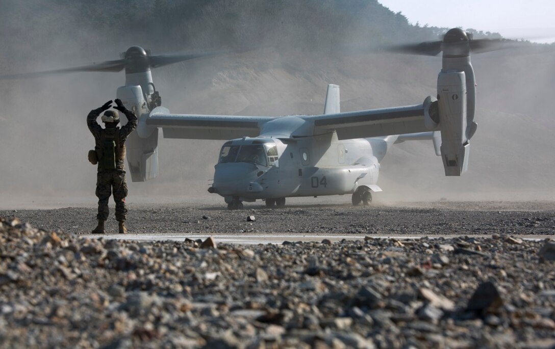 A U.S. Marine Corps MV-22 Osprey transports an ammo resupply by air transport, March 11, 2016, during Exercise Ssang Yong 2016 in Pohang, South Korea. Ssang Yong 16 is a biennial military exercise focused on strengthening the amphibious landing capabilities of the Republic of Korea, the U.S., New Zealand and Australia. (U.S. Marine Corps photo by Sgt. Briauna Birl/RELEASED)