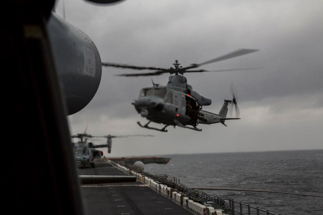U.S. Marine UH-1Y Venom prepares to land on the USS Boxer after completing flight rehearsals for exercise Ssang Yong, Republic of Korea, March 9, 2016. Ssang Yong is a biannual combined amphibious exercise conducted by forward-deployed U.S. forces with the Republic of Korea Navy and Marine Corps, Australian Army and Royal New Zealand Army Forces in order to strengthen our interoperability and working relationships across a wide range of military operations.