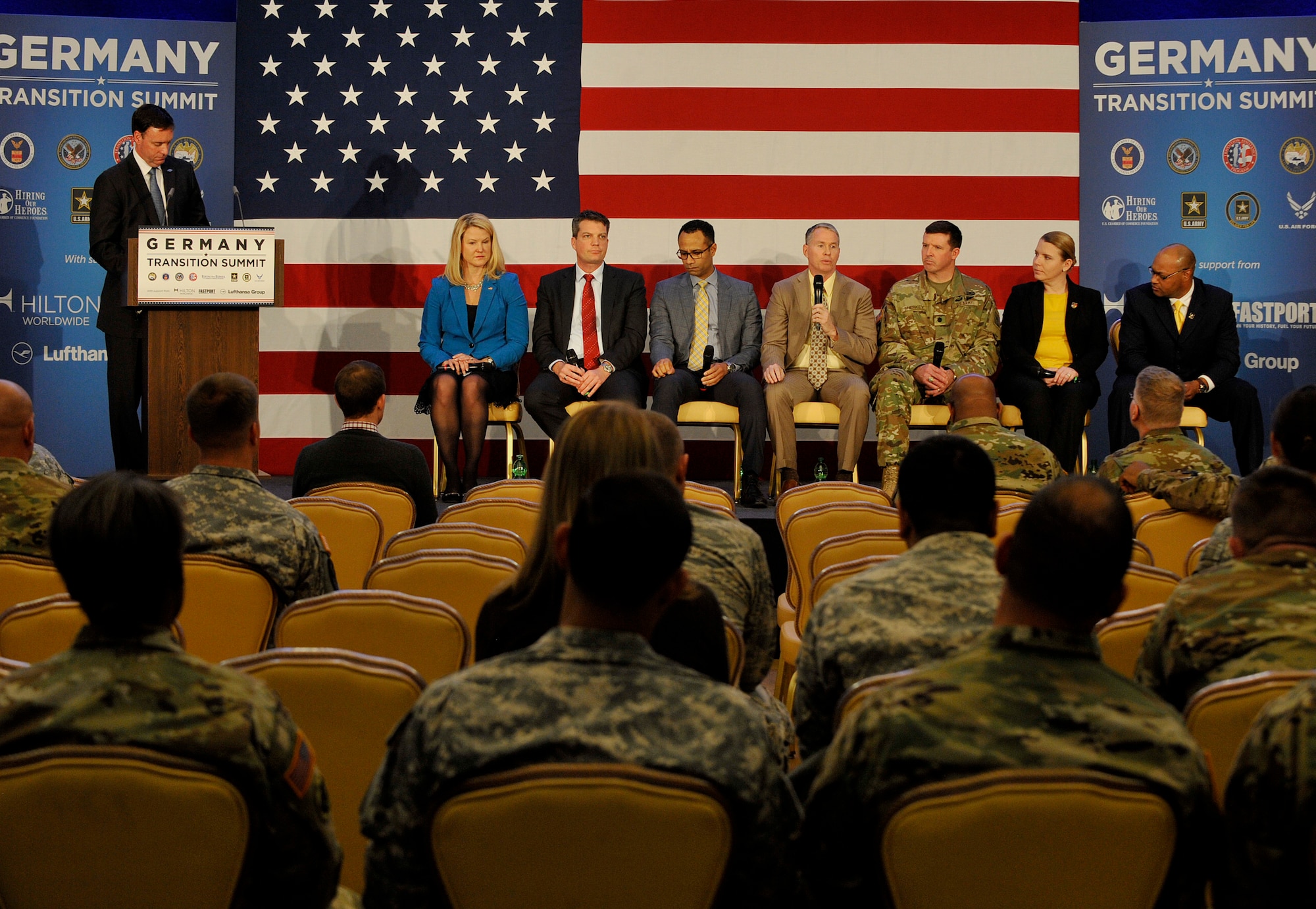 Key speakers talk about their organizations, what they offer and answer questions during a Hiring Our Heroes Kaiserslautern Military Community Transition Summit March 10, 2016, at Vogelweh Military Complex, Germany. Speakers from Hilton, FASTPORT and Lufthansa Group spoke about actively seeking to hire veterans and what their companies have to offer. (U.S. Air Force photo/Airman 1st Class Larissa Greatwood)