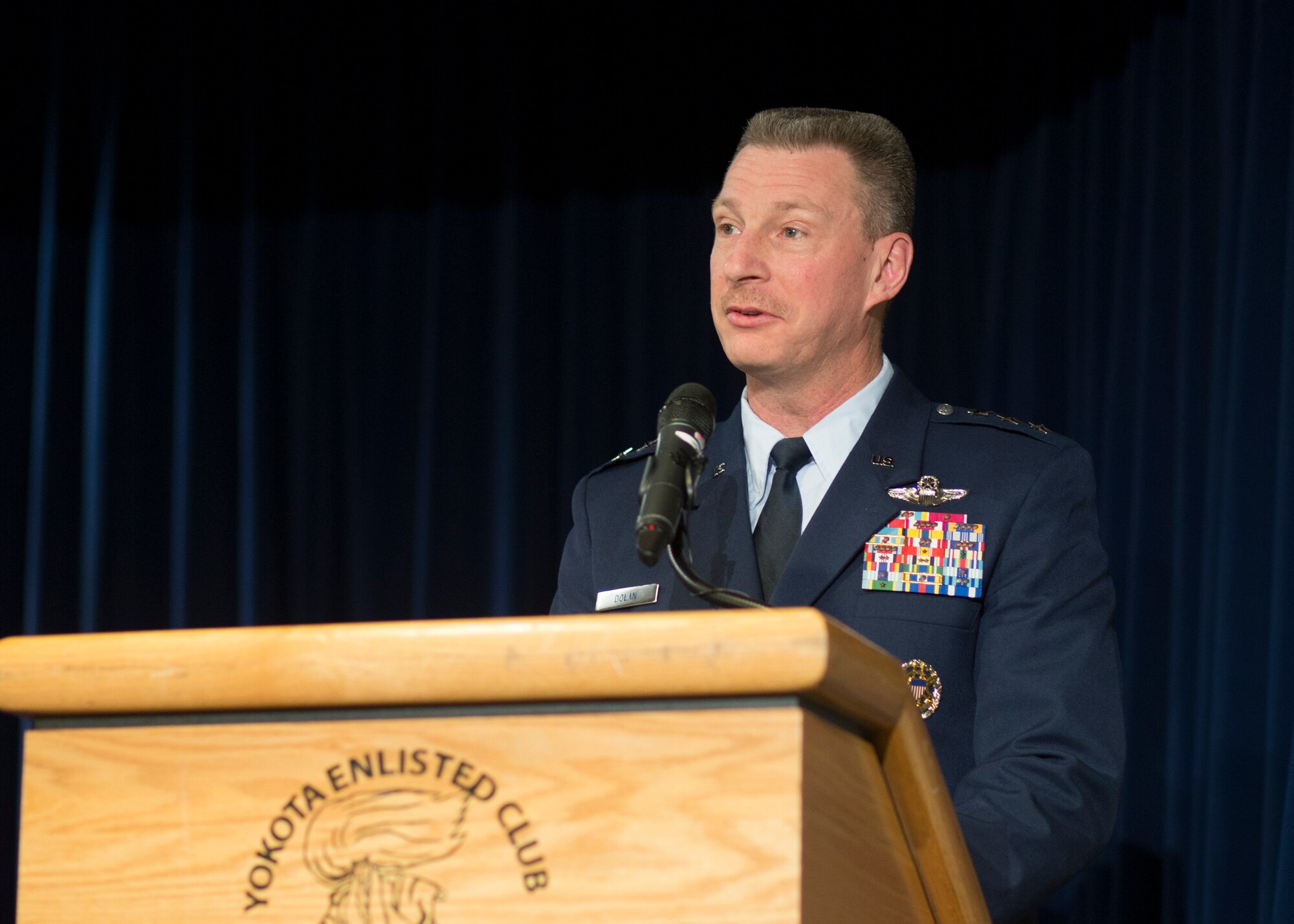 Lt. Gen. John Dolan, United States Forces Japan and 5th Air Force commander, gives a speech during a change of responsibility ceremony at Yokota Air Base, Japan, March 10, 2016. Dolan presided over the ceremony. (U.S. Air Force photo by Osakabe Yasuo/Released)