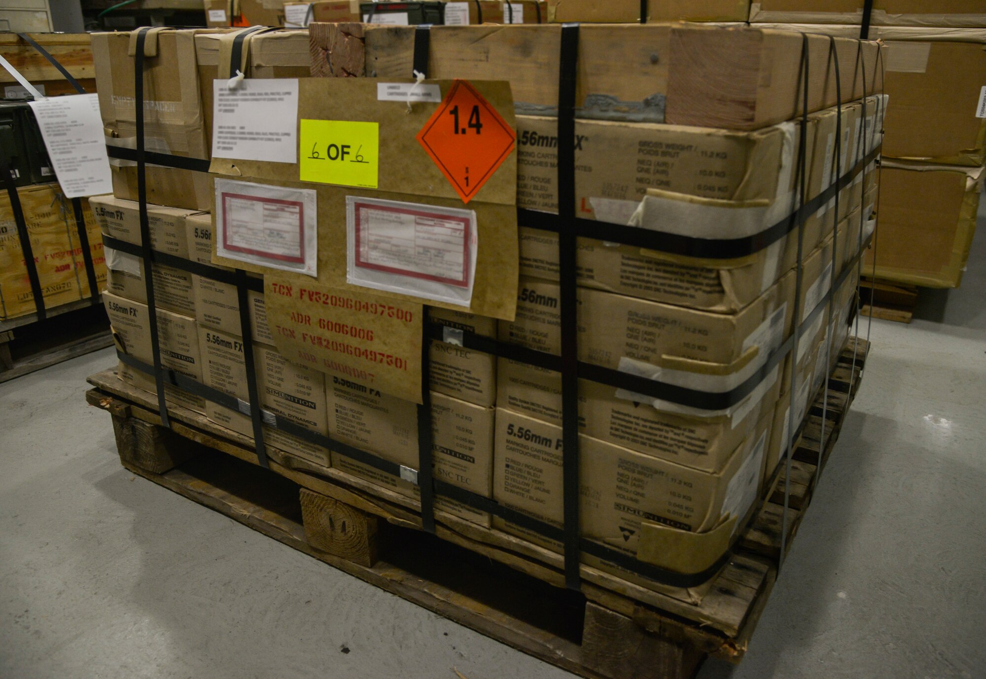 Boxes of 20,000 cartridges sit on a pallet in preparation to be shipped to another location at Yokota Air Base, Japan, Feb. 24, 2016. The flight handles between 100,000 and 250,000 munition items each month and can exceed 15,000 pounds in weight. (U.S. Air Force photo by Senior Airman David Owsianka/Released)