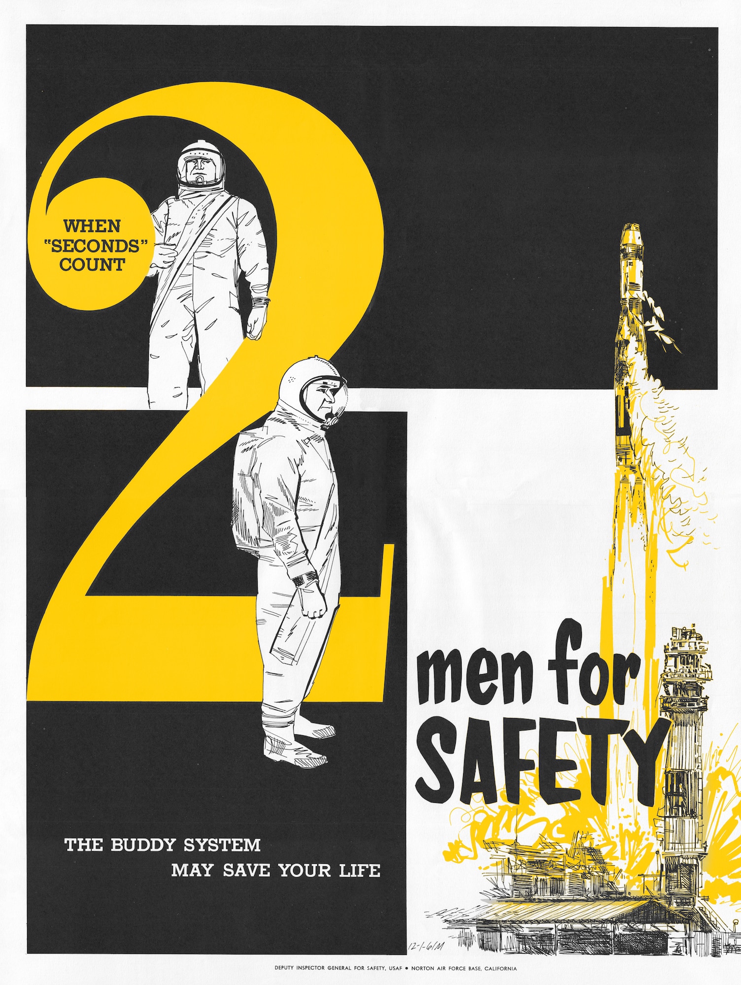Vintage safety poster depicting the use of the buddy system may save your life from the
Directorate of Aerospace Safety, 1961 (Air Force Graphic)
