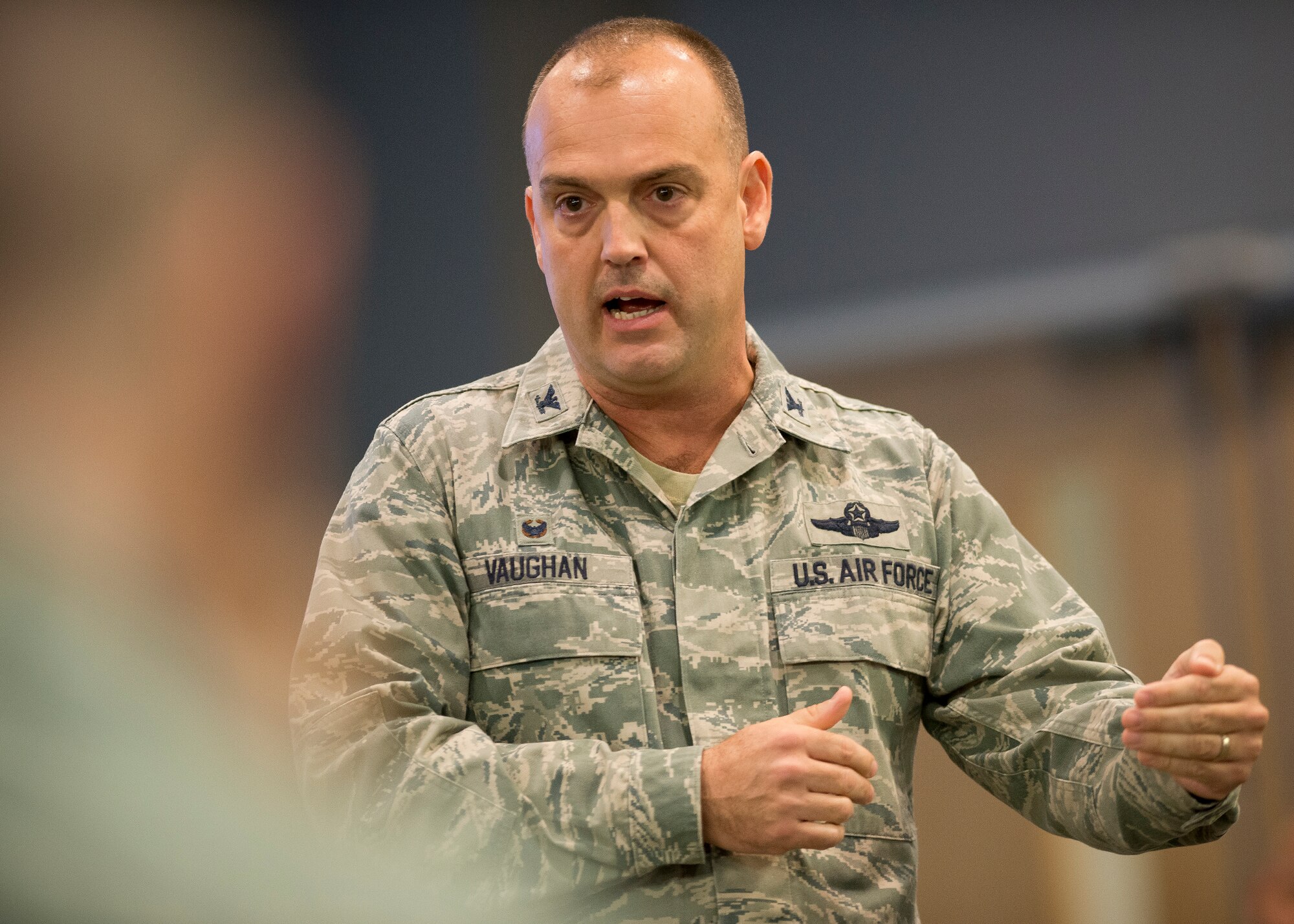 U.S Air Force Col. Edward L. Vaughan, commander of the 156th Airlift Wing, Puerto Rico Air National Guard briefs the PRANG's first State of the Commonwealth to the Air National Guard Readiness Center at Joint Base Andrews Air Force Base, March 1, 2016. (U.S. Air National Guard photo by Master Sgt. Marvin R. Preston)	