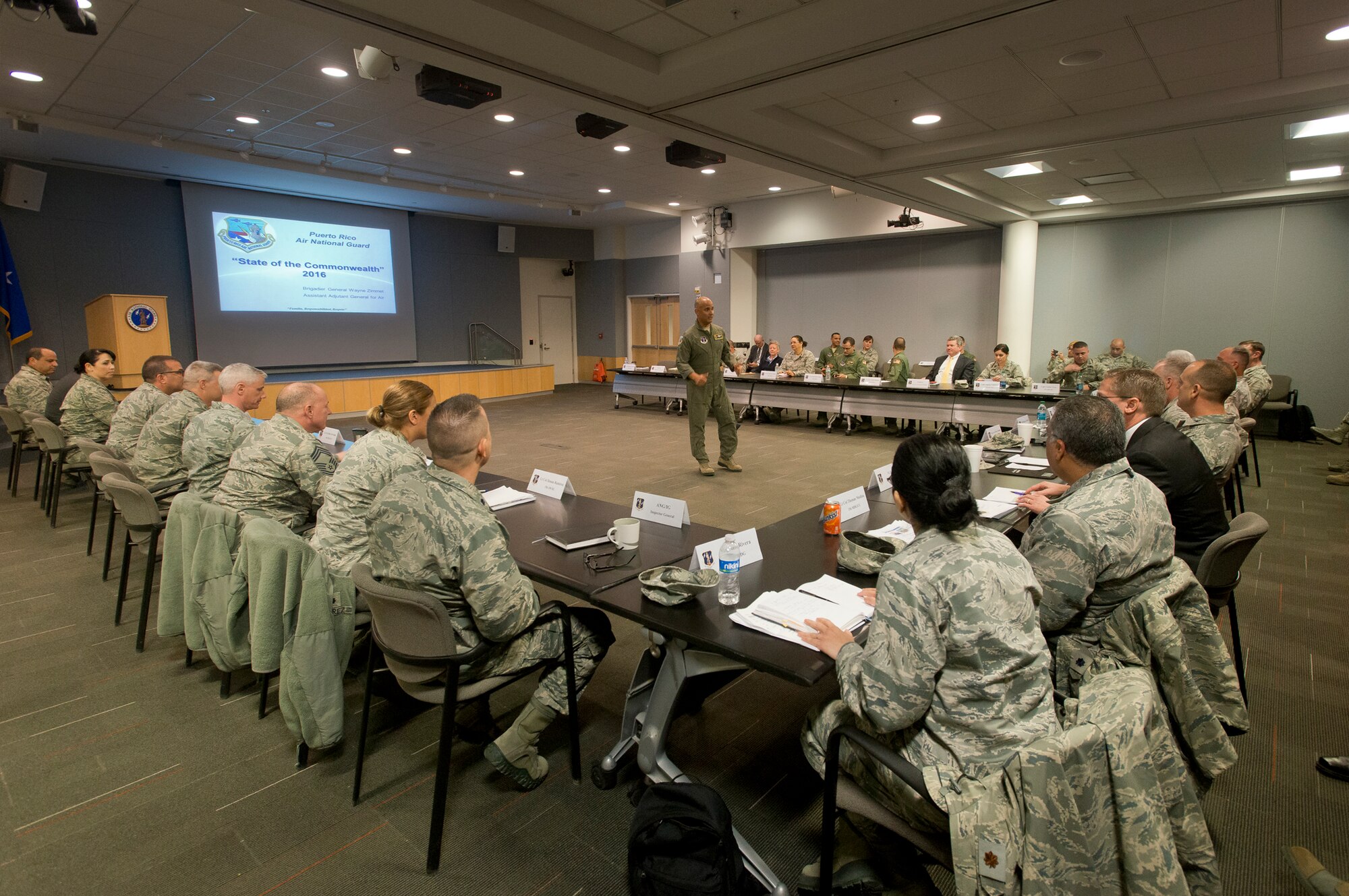 U.S. Air Force, 156th Airlift Wing leadership of the Puerto Rico Air National Guard presented their first State of the Commonwealth briefing before the Air National Guard Readiness Center at Joint Base Andrews Air Force Base, Maryland, March 1, 2016. (U.S. Air National Guard photo by Master Sgt. Marvin R. Preston)