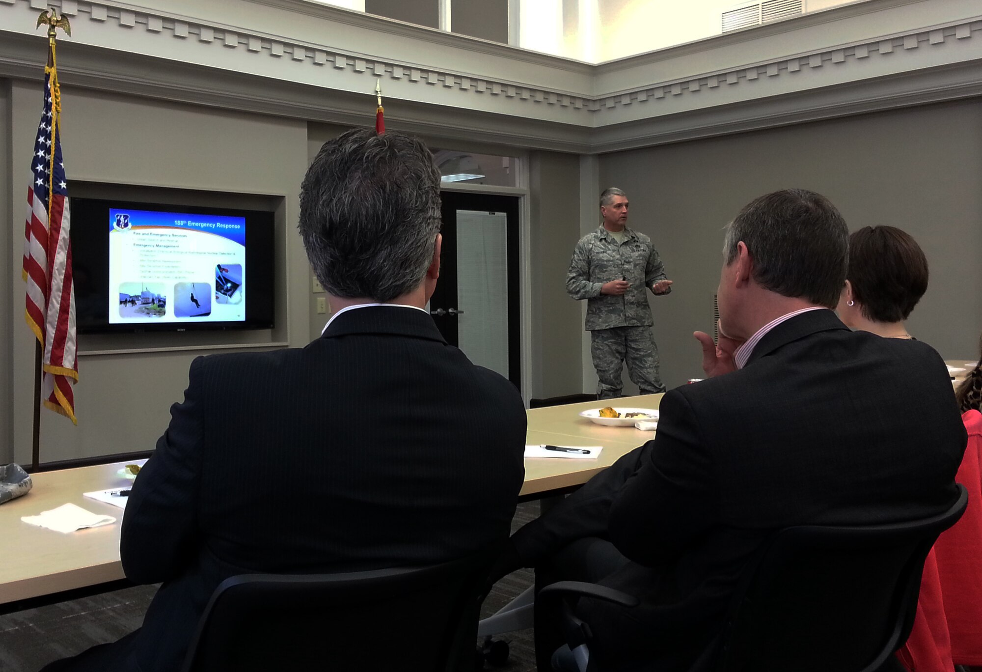 Chief Master Sgt. Ron Redding, 188th Civil Engineer Squadron, speaks to area company human resource professionals at the Fort Smith Regional Chamber of Commerce March 10. The objective of the meeting was to educate local companies on a partnership initiative between the 188th and the Chamber of Commerce. The strategy focuses on linking drill-status Guardsmen with full-time employment opportunities in the River Valley. The meeting educated local employers on specific training and education 188th members receive and how those specialties can benefit the local civilian workforce. (U.S. Air National Guard photo by Maj. Heath Allen/Released)